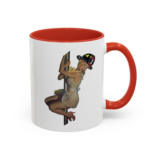 Sexy Pinup girl firefighter fire house pole sliding Accent Coffee Mug, 11oz