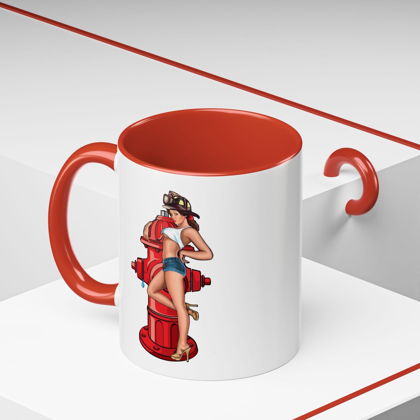 Firefighter hydrant sexy pinup model girl vibrant Accent Coffee Mug, 11oz