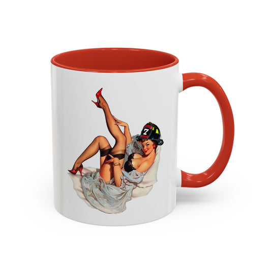 Sexy retro firefighter PinUp lingerie helmet girl Accent Coffee Mug, 11oz